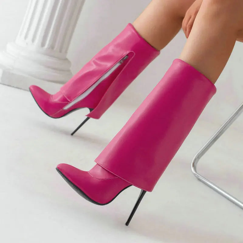 Mid Calf Boots Pointed Toe Thin High Heel Ladies Boots