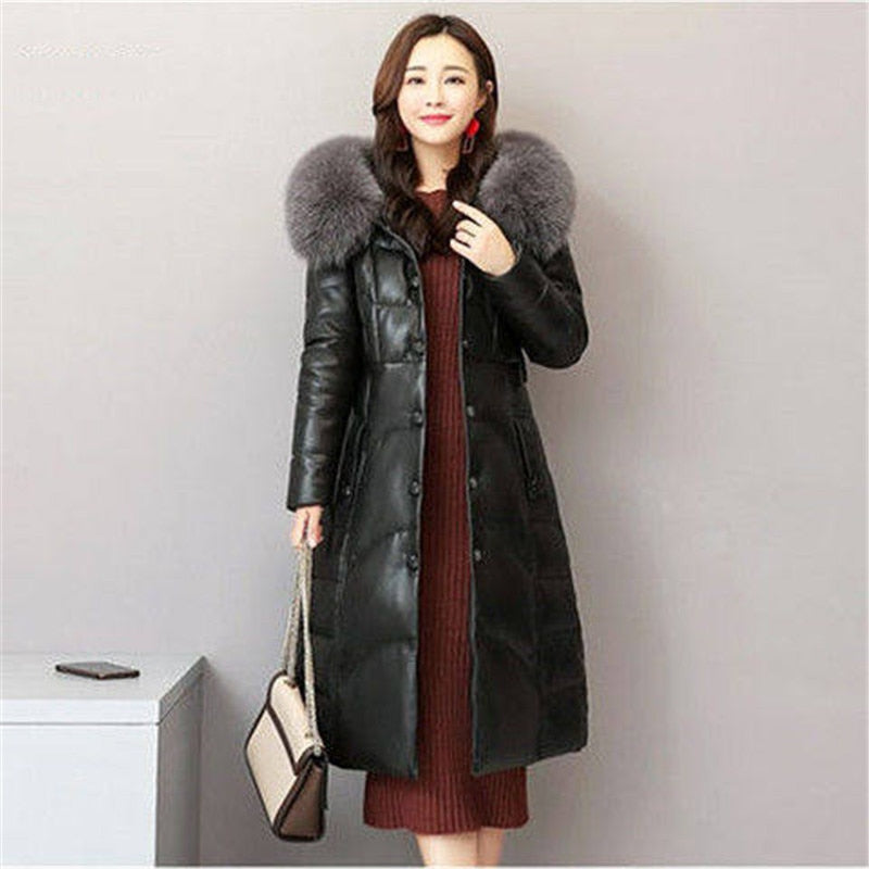 Single-breasted Fox Fur Collar Mid-length PU Leather Jacket