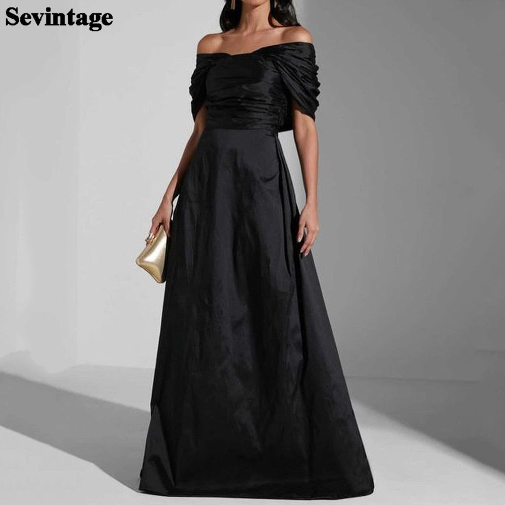 Black A Line Satin Off The Shoulder Evening Dress