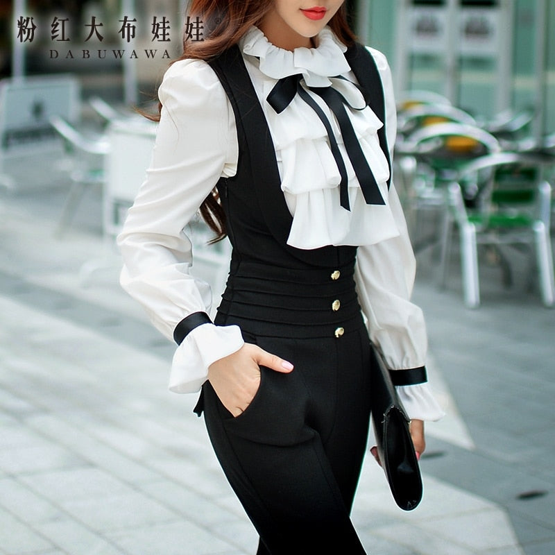 White Ruffles & Bow Tie Long Puff Sleeve Blouse