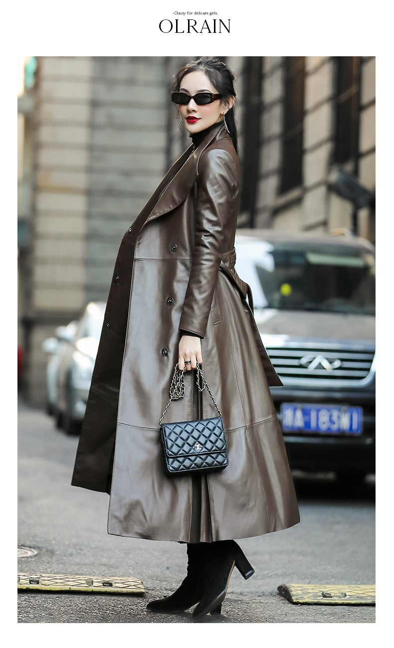 Long Soft Faux Leather Trench Coat for Women