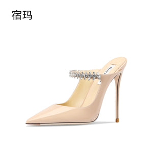 2023 Summer Women Sandals High Heel Slippers Crystal Decoration Pointed Toe Back Strap Elastic Band Elegant Fashion Shoes Ladies - Couture by Ava Belinda