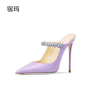 2023 Summer Women Sandals High Heel Slippers Crystal Decoration Pointed Toe Back Strap Elastic Band Elegant Fashion Shoes Ladies - Couture by Ava Belinda