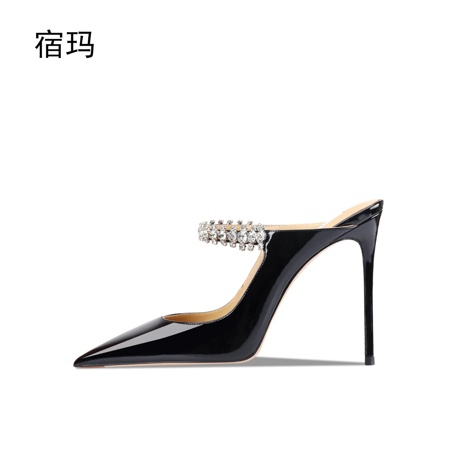 2023 Summer Women Sandals High Heel Slippers Crystal Decoration Pointed Toe Back Strap Elastic Band Elegant Fashion Shoes Ladies