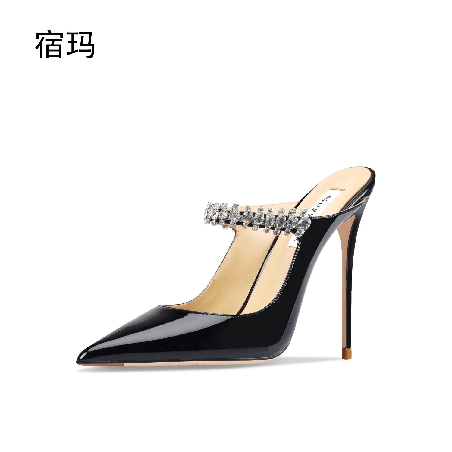 2023 Summer Women Sandals High Heel Slippers Crystal Decoration Pointed Toe Back Strap Elastic Band Elegant Fashion Shoes Ladies