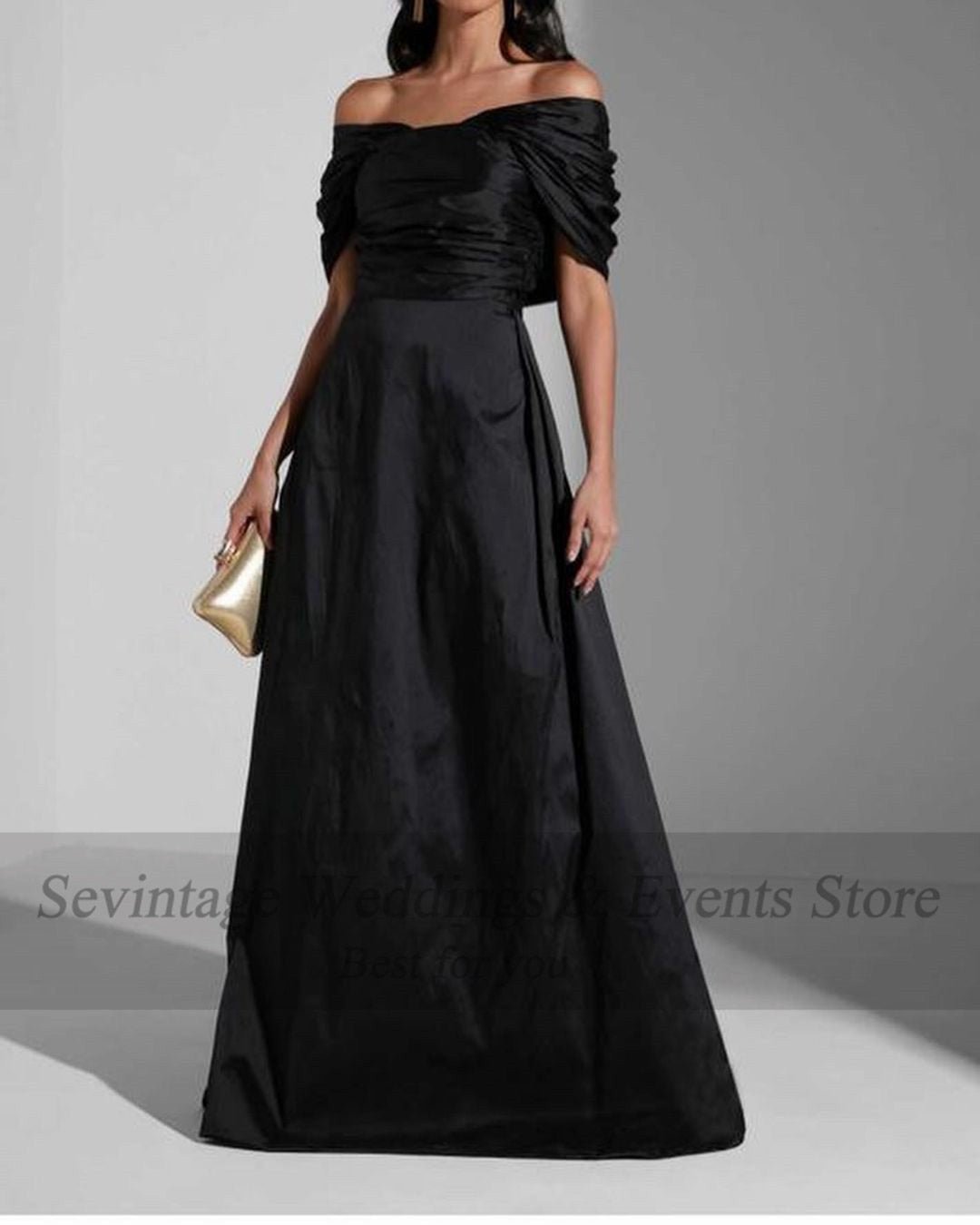 Black A Line Satin Off The Shoulder Evening Dress - Couture by Ava Belinda