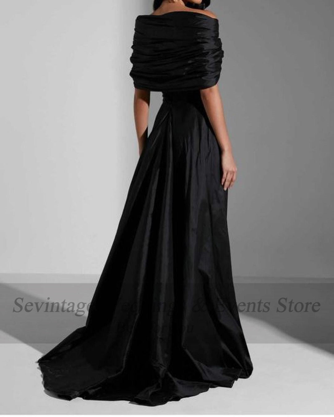 Black A Line Satin Off The Shoulder Evening Dress - Couture by Ava Belinda