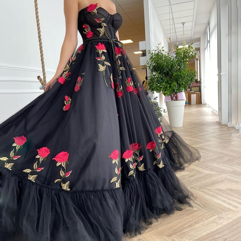 Black Sweetheart Tulle Floral Appliques Evening Dress - Couture by Ava Belinda