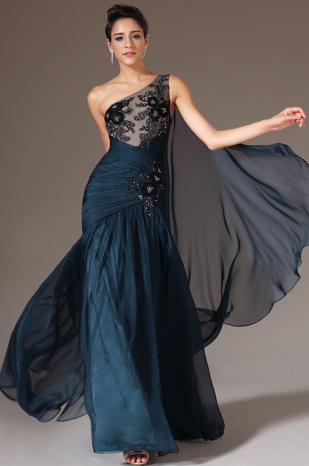 Dark Blue Chiffon One Shoulder Long Formal Evening Gown - Couture by Ava Belinda