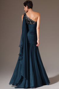 Dark Blue Chiffon One Shoulder Long Formal Evening Gown - Couture by Ava Belinda