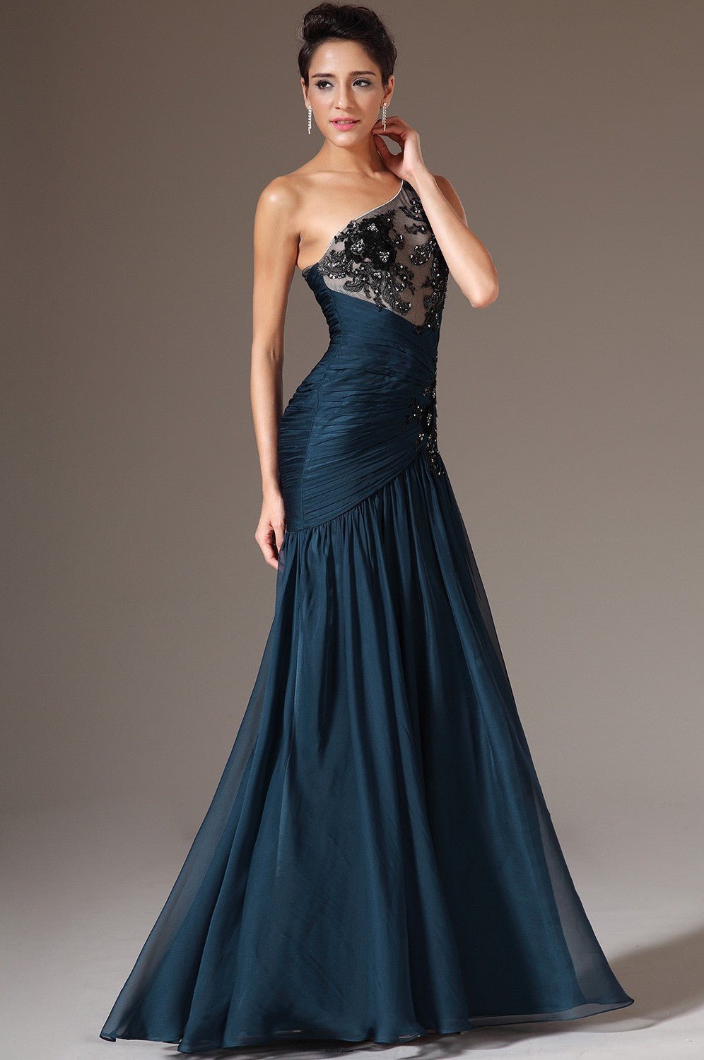 Dark Blue Chiffon One Shoulder Long Formal Evening Gown - Couture by Ava Belinda