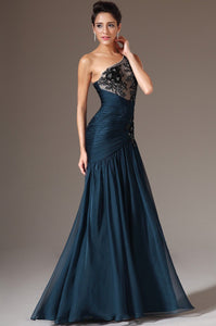 Dark Blue Chiffon One Shoulder Long Formal Evening Gown - Couture by Ava Belinda