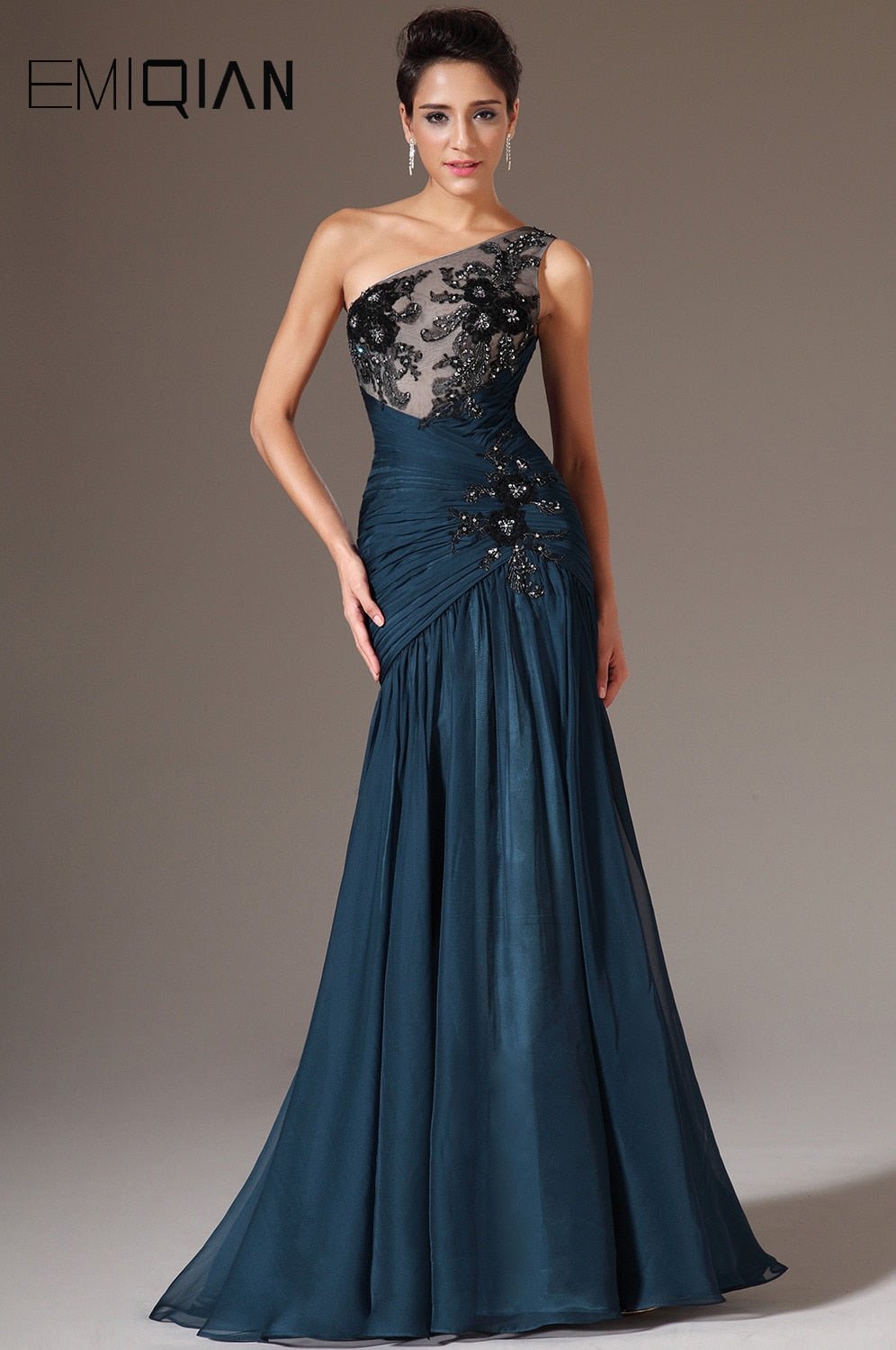 Dark Blue Chiffon One Shoulder Long Formal Evening Gown - Couture by Ava Belinda