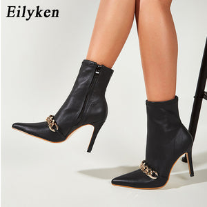 Ankle Boots With Pointed Toe & Metal Chain Decoration