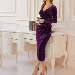 Velvet Long Sleeve V-neck Ruched Midi Dress