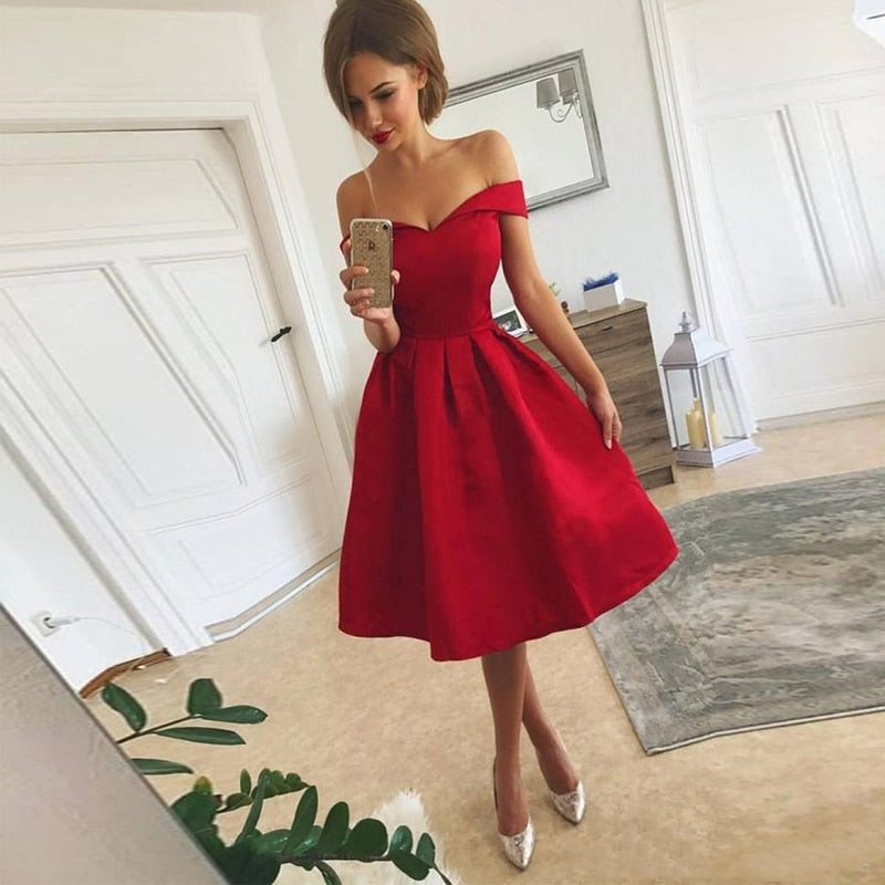 Red Satin Short Evening Dress
