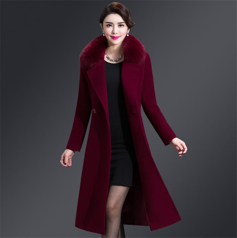 Women Faux Fur Collar Woolen Blend Coat