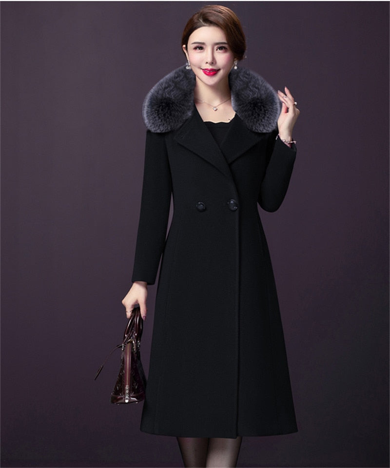 Women Faux Fur Collar Woolen Blend Coat