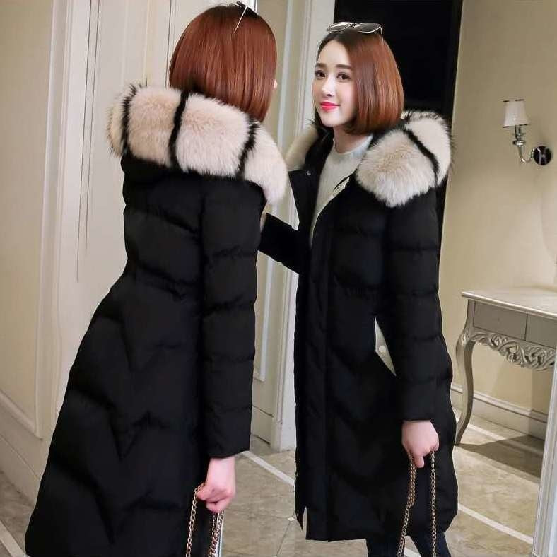Women's Long Puffy Hooded Jacket With Fur Trim