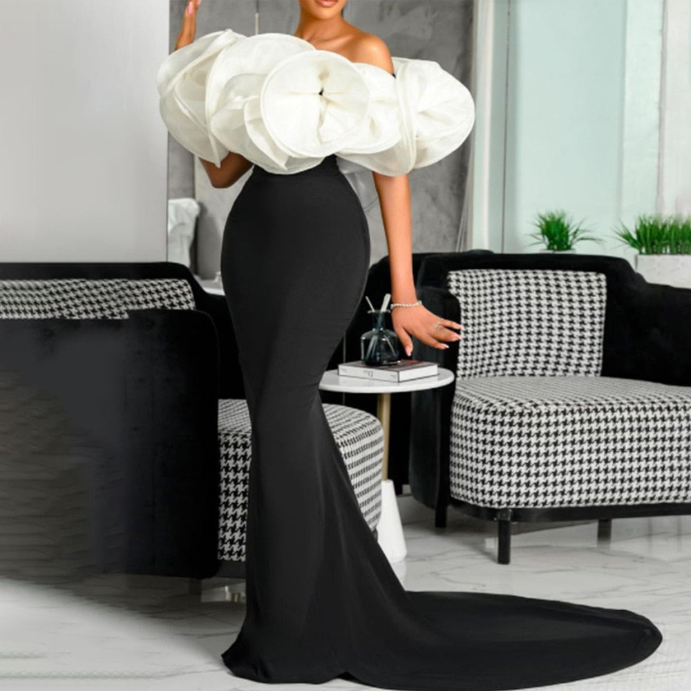 Elegant Off Shoulder Black White Ruffles Dress