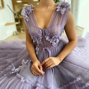 Lilac Floral Appliques and Tulle Tiered Dress