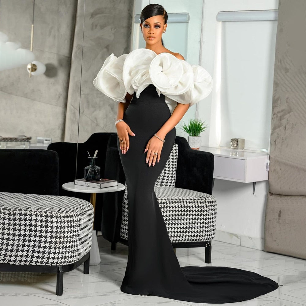 Elegant Off Shoulder Black White Ruffles Dress