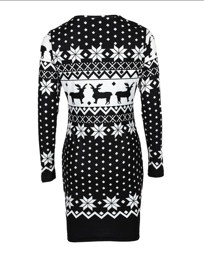 Long Sleeve Snowflake Elk Print Mini Dress