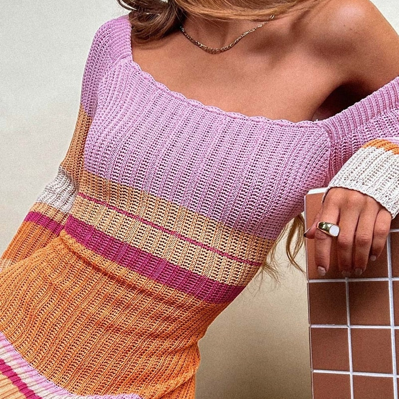 Striped Crocheted Off Shoulder Long Sleeve Maxi Dress