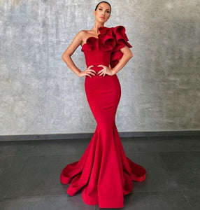 Charming Red Mermaid Evening Dresses with Flower Ruffles Sleeves