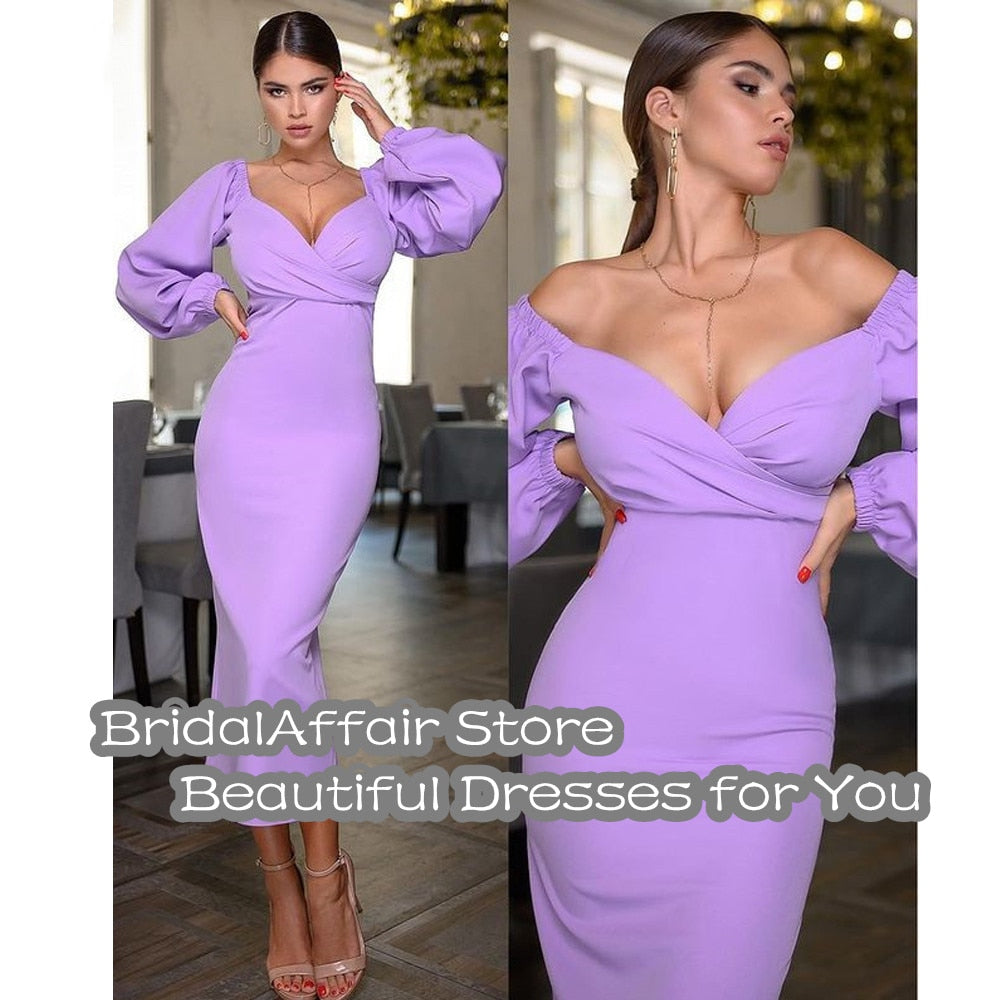 Lavender Sweetheart Puff Sleeve Tea Length Dress