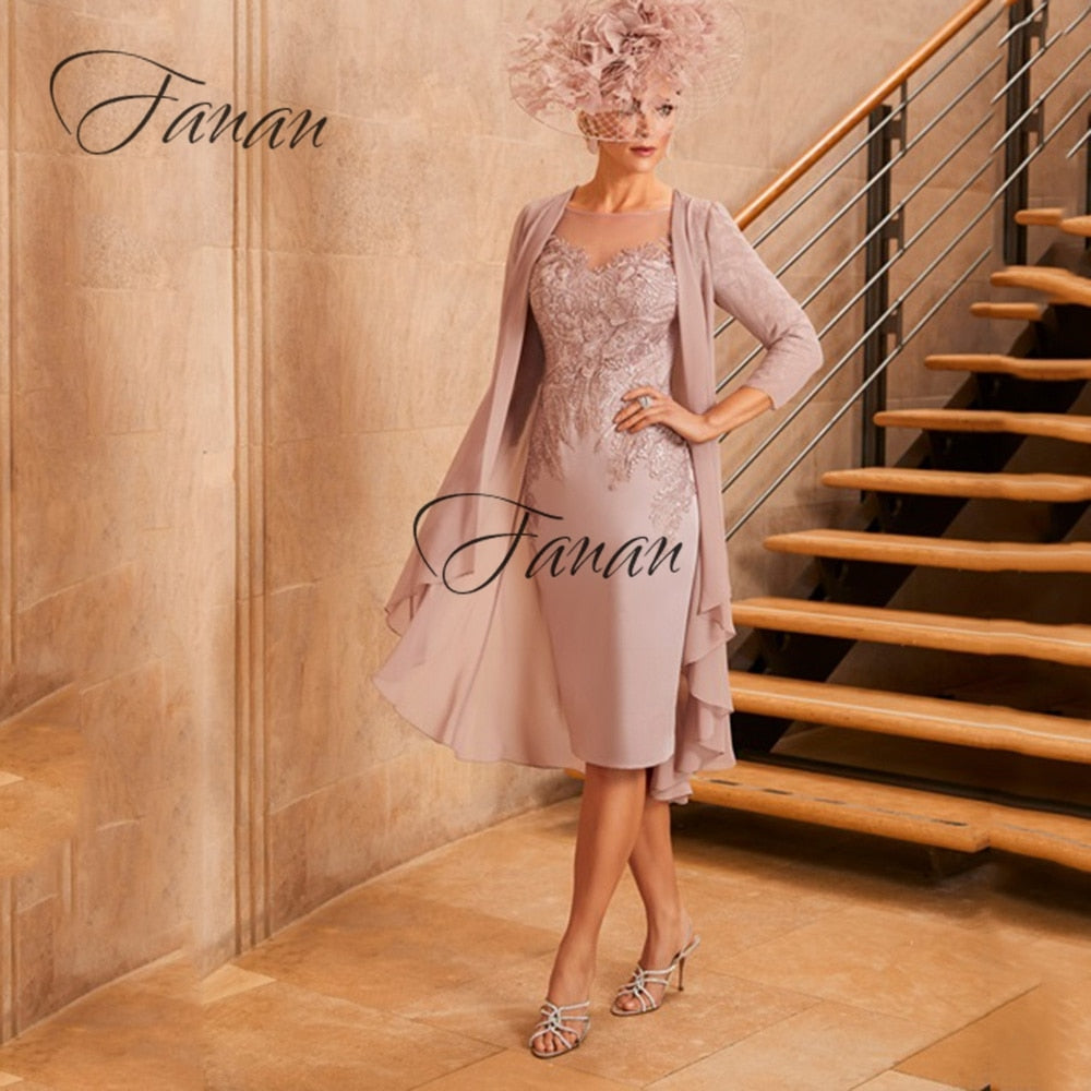 Pink Illusion Appliques Lace Mother Of The Bride Dress With Jacket