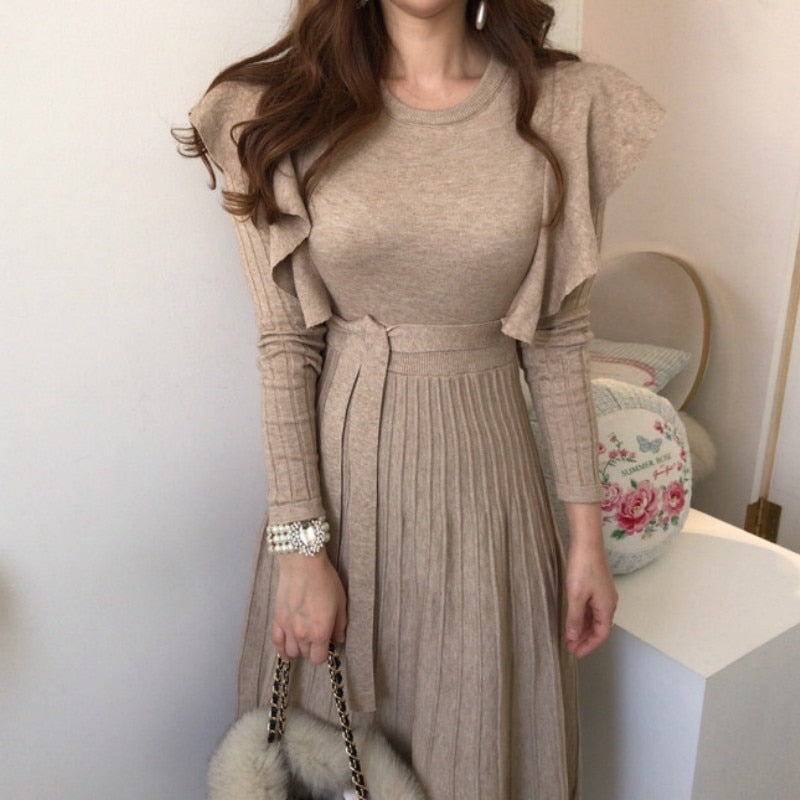 Pleated Long Sleeve Sweater Dress