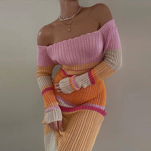 Striped Crocheted Off Shoulder Long Sleeve Maxi Dress
