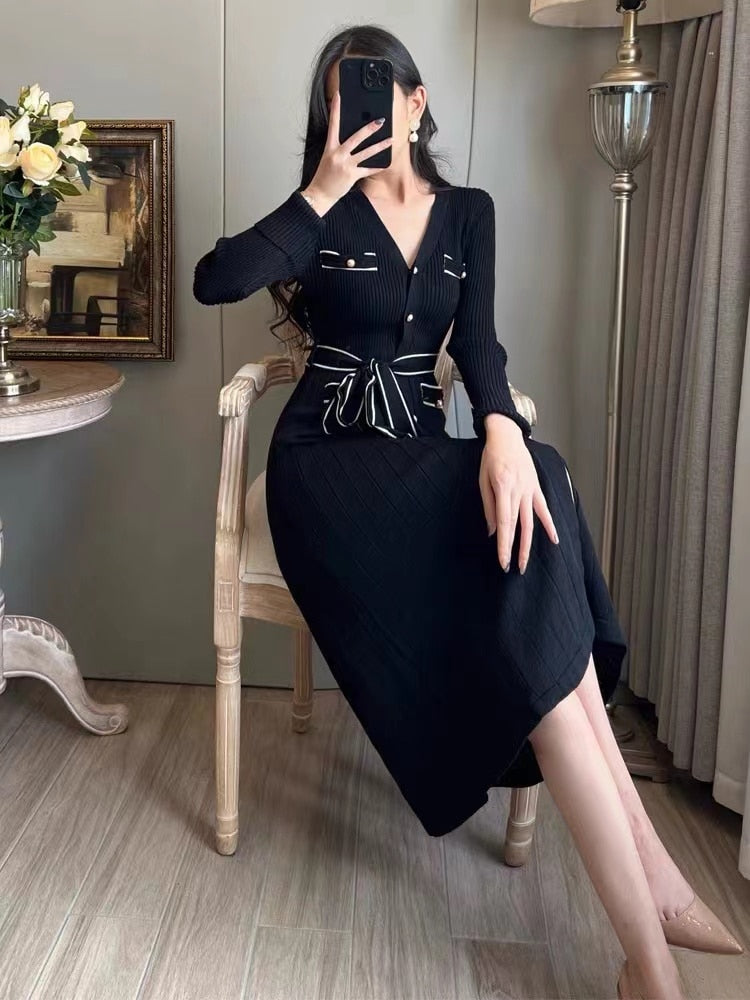 Casual Sweater V-Neck A-Line belted Dress