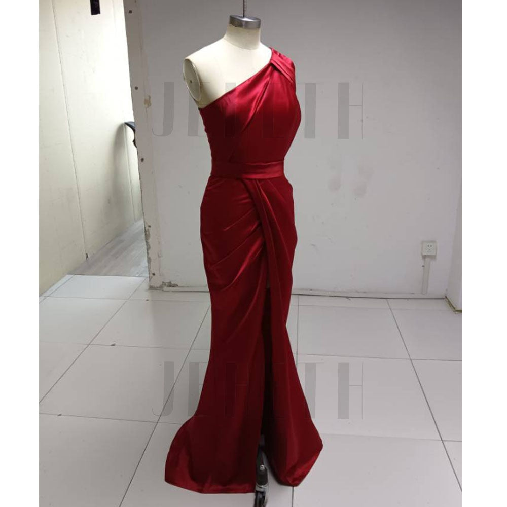 Sexy One Shoulder Satin Evening Dress With High Split
