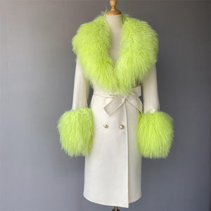 Wool Cashmere Luxury Faux Fur Collar Ladies Belted Coat