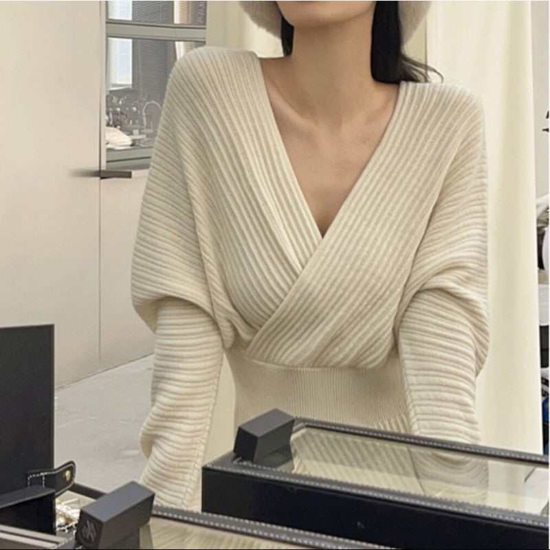 Elegant V-Neck Sweater Dress With Long Sleeves