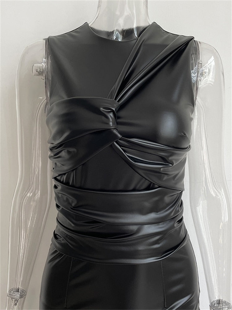 Sleeveless Faux Leather Fitted Dress