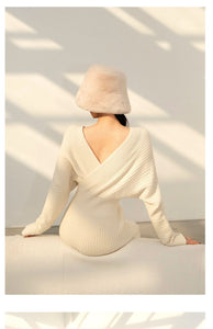 Elegant V-Neck Sweater Dress With Long Sleeves