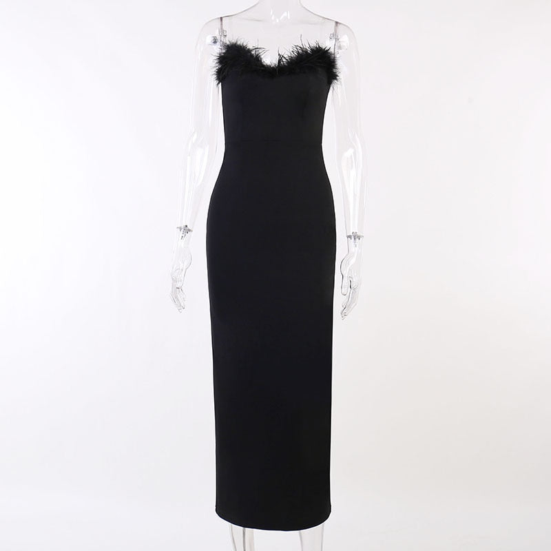 Elegant Strapless Long Feather-Trimmed Dress