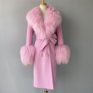 Wool Cashmere Luxury Faux Fur Collar Ladies Belted Coat