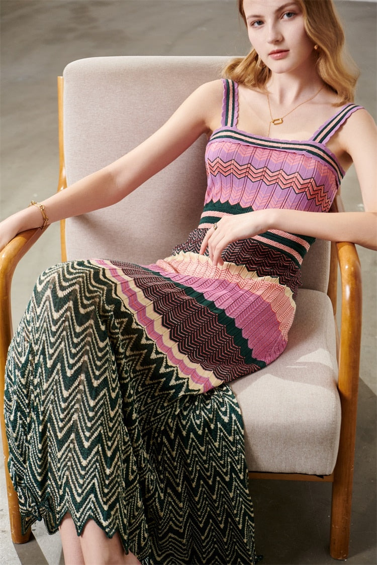 Multi Color Pleated Stretchy Knitted Dress