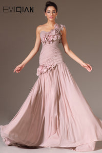 One Shoulder Dusty Pink Chiffon Evening Gown
