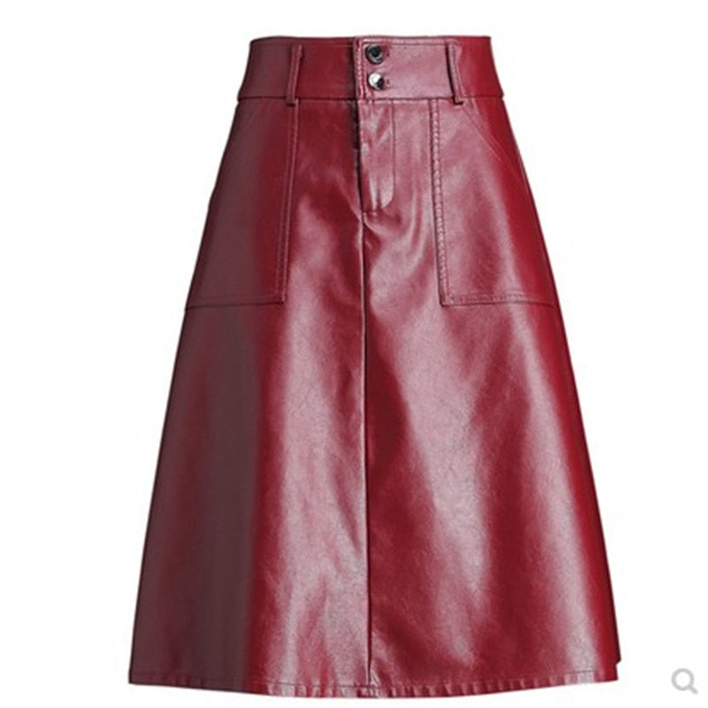 Faux Leather Midi Office Skirt