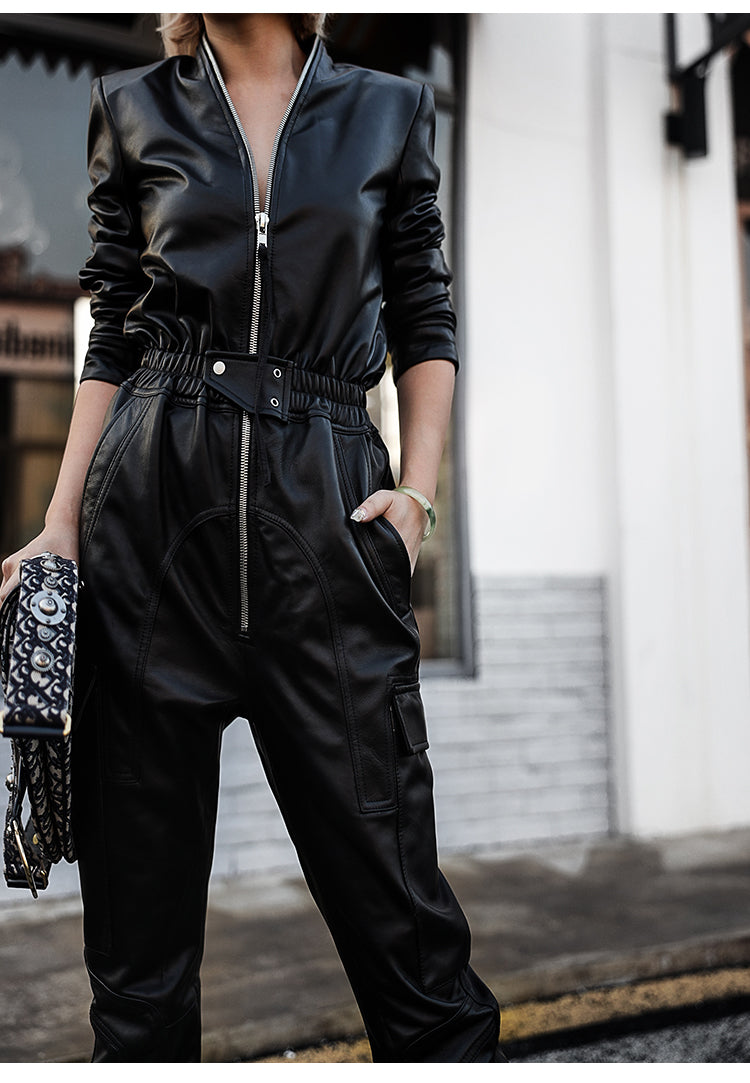 Long Black Soft Faux Leather Jumpsuit