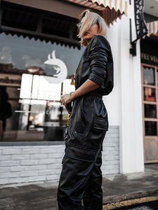 Long Black Soft Faux Leather Jumpsuit