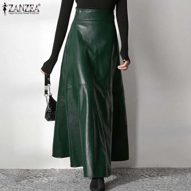 Fashionable Long A-line Faux Leather Skirt