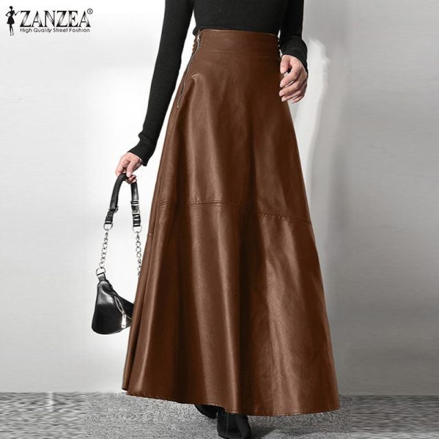 Fashionable Long A-line Faux Leather Skirt