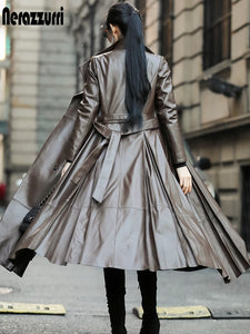 Long Soft Faux Leather Trench Coat for Women