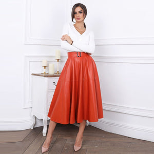 Faux Leather A-Line Skirt with Belt